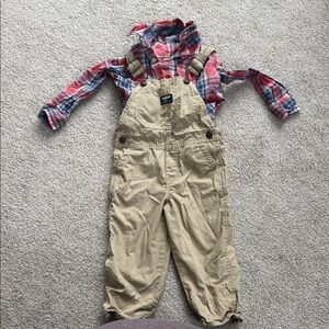 OshKosh B'gosh Red Plaid Shirt and Tan Overalls